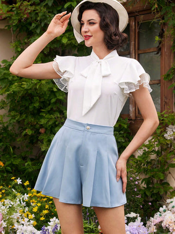 DECDS Vintage & Elegant Ladies' Shorts, Loose Pleated Wide Leg Pants With Pearl Buttons, Light Blue, Spring/Summer Casual Vacation Style