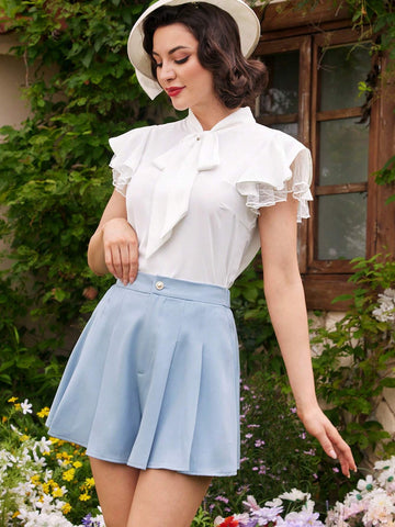 DECDS Vintage & Elegant Ladies' Shorts, Loose Pleated Wide Leg Pants With Pearl Buttons, Light Blue, Spring/Summer Casual Vacation Style