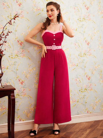 Women'S Colorblock Belted Strap Jumpsuit