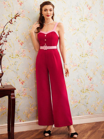 Women'S Colorblock Belted Strap Jumpsuit