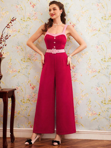 Women'S Colorblock Belted Strap Jumpsuit