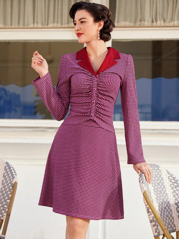 Women'S Houndstooth Pattern Pleated Long Sleeve Top And Skirt Set