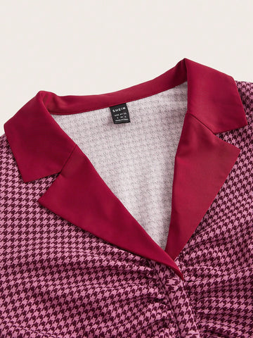 Women'S Houndstooth Pattern Pleated Long Sleeve Top And Skirt Set