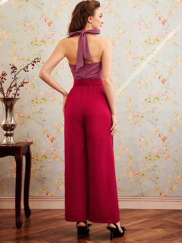 Women'S Houndstooth Plaid Halter Neck Jumpsuit