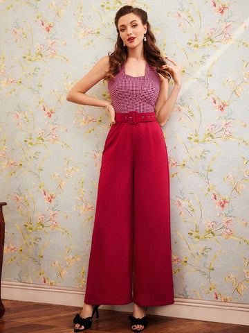 Women'S Houndstooth Plaid Halter Neck Jumpsuit