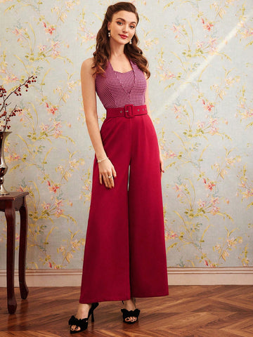 Women'S Houndstooth Plaid Halter Neck Jumpsuit