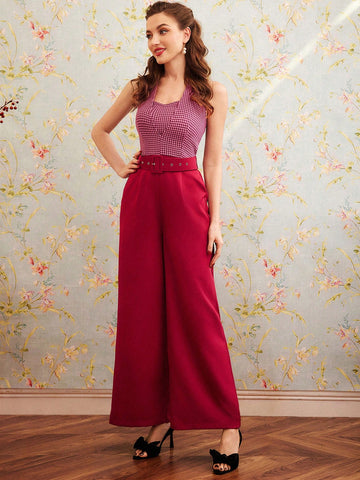 Women'S Houndstooth Plaid Halter Neck Jumpsuit