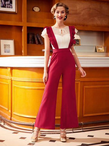 Women'S Ruffle Trim Overalls Wide Leg Flared Pants