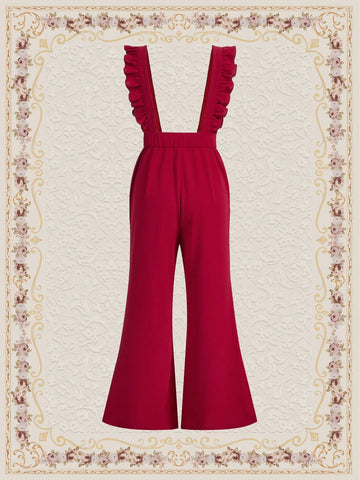 Women'S Ruffle Trim Overalls Wide Leg Flared Pants