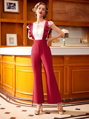 Women'S Ruffle Trim Overalls Wide Leg Flared Pants