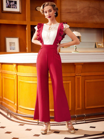 Women'S Ruffle Trim Overalls Wide Leg Flared Pants