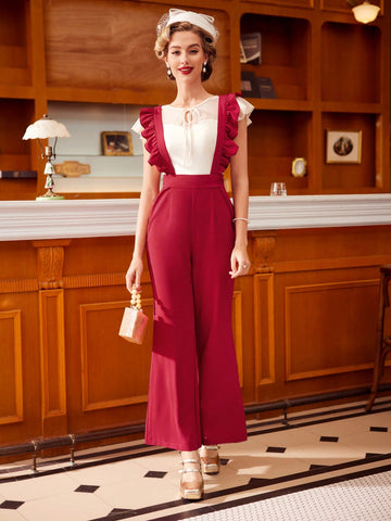 Women'S Ruffle Trim Overalls Wide Leg Flared Pants