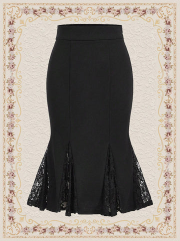 DECDS Women Elegant Vintage Lace Panelled Bodycon Skirt With Mermaid Hem For Valentine's Day, Suitab