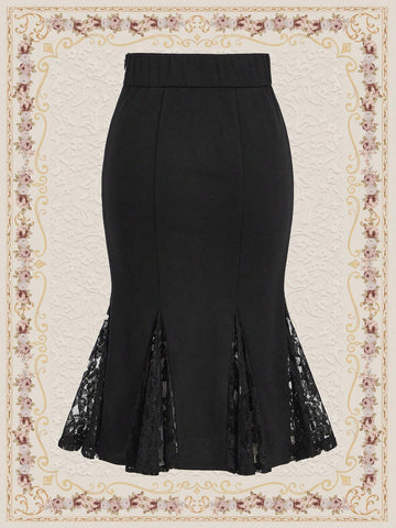 DECDS Women Elegant Vintage Lace Panelled Bodycon Skirt With Mermaid Hem For Valentine's Day, Suitab