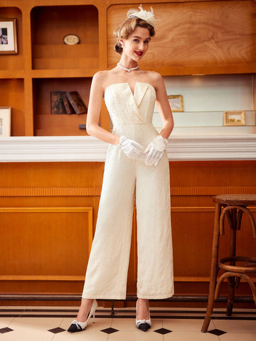 Women's Strapless Rose Jacquard Retro Jumpsuit