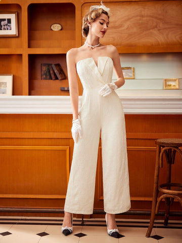 Women's Strapless Rose Jacquard Retro Jumpsuit