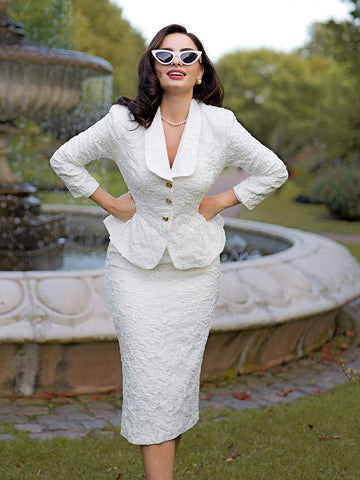 Women's Vintage Elegant 2pcs Suit Set - V-Neck Jacquard Textured Long Sleeve  Women Dresses Christmas Women Dress Fall Women Outfits Women Fall Sets Winter Women Sets Thanksgiving