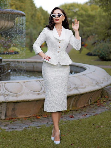 Women's Vintage Elegant 2pcs Suit Set - V-Neck Jacquard Textured Long Sleeve  Women Dresses Christmas Women Dress Fall Women Outfits Women Fall Sets Winter Women Sets Thanksgiving