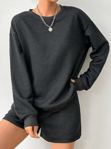 Deep Gray Casual And Simple Loose Round Neck Long Sleeve Top And Shorts, Suitable For Spring And Autumn Seasons