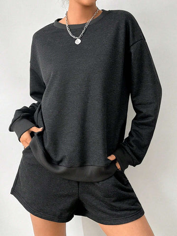 Deep Gray Casual And Simple Loose Round Neck Long Sleeve Top And Shorts, Suitable For Spring And Autumn Seasons