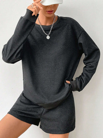 Deep Gray Casual And Simple Loose Round Neck Long Sleeve Top And Shorts, Suitable For Spring And Autumn Seasons