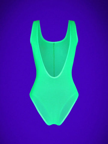 Fluorescent Sleeveless Backless Simple See-Through Bodysuit, Casual Vacation
