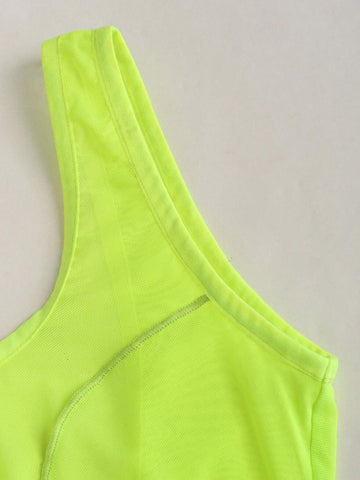 Fluorescent Sleeveless Backless Simple See-Through Bodysuit, Casual Vacation
