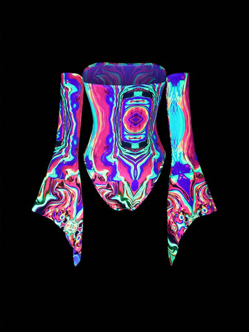 Reflective Colorful Off Shoulder Flare Sleeve Women Bodysuit