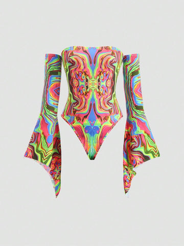 Reflective Colorful Off Shoulder Flare Sleeve Women Bodysuit