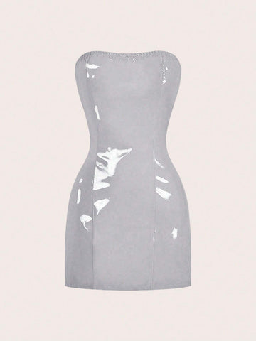 Sleeveless Lacquered PU Bandeau Mini Dress In Red