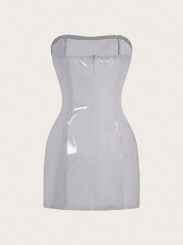 Sleeveless Lacquered PU Bandeau Mini Dress In Red