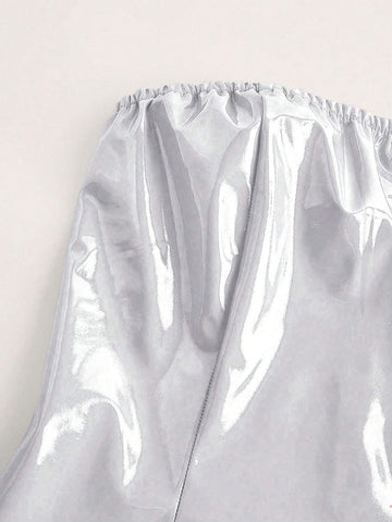 Sleeveless Lacquered PU Bandeau Mini Dress In Red