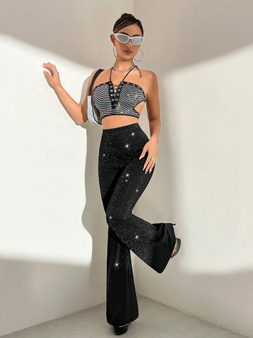 DivaQ Women Fashionable Shiny Bell-Bottom Trousers