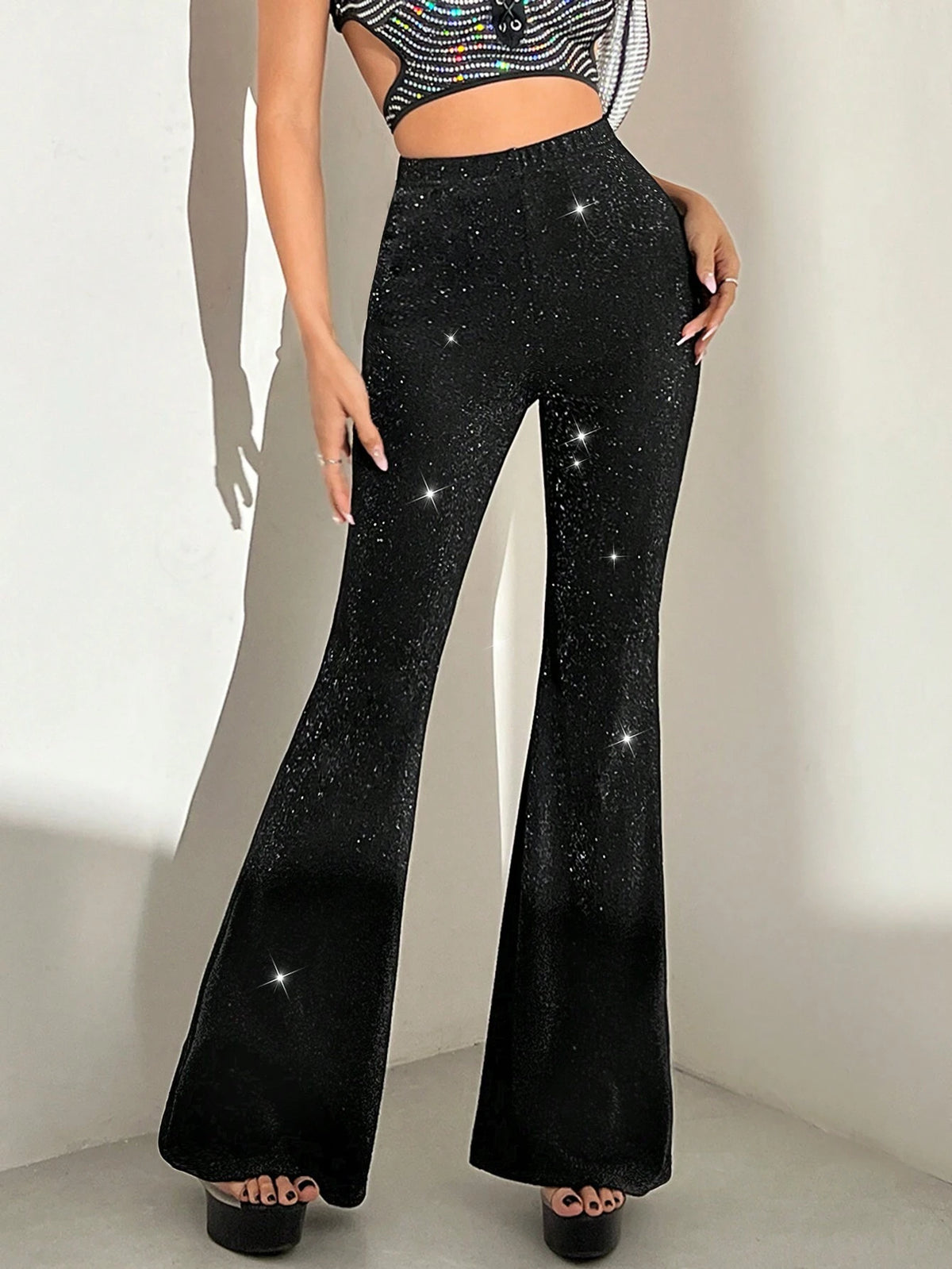 DivaQ Women Fashionable Shiny Bell-Bottom Trousers