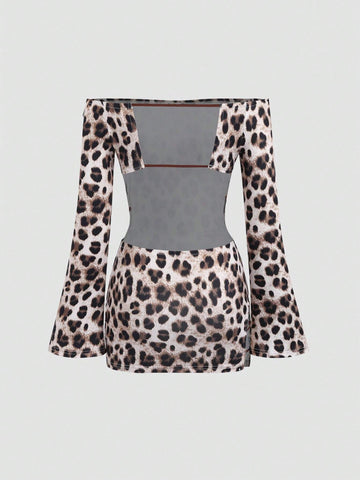 Women Sexy Leopard Print Off-Shoulder Flare Sleeve Open Back Bodycon Mini Dress