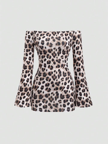 Women Sexy Leopard Print Off-Shoulder Flare Sleeve Open Back Bodycon Mini Dress
