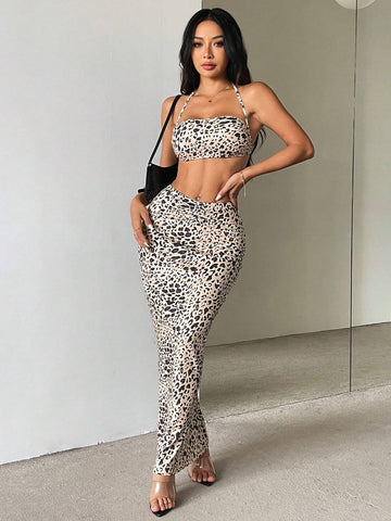 2pcs/Set Women Leopard Print Halter Top & Skirt