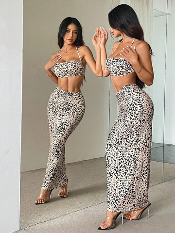 2pcs/Set Women Leopard Print Halter Top & Skirt