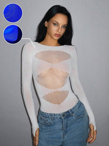 Women's Solid Color Crew Neck Long Sleeve Sexy Fitted Mesh Bodysuit