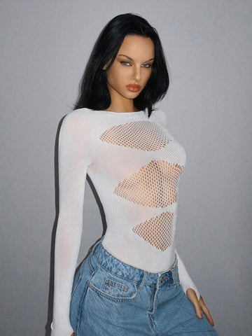 Women's Solid Color Crew Neck Long Sleeve Sexy Fitted Mesh Bodysuit