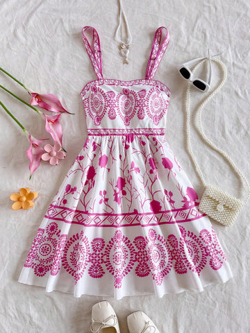 Blue & White Floral Vintage Pattern Romantic Casual Vacation Dress For Women