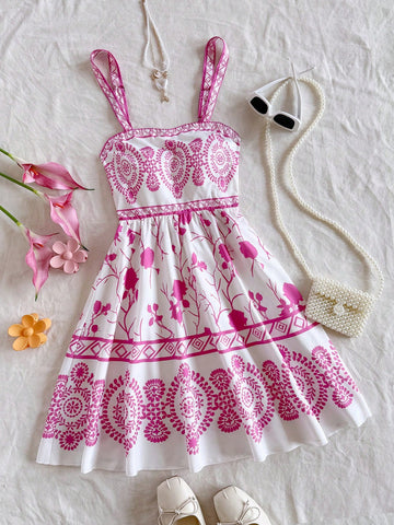 Blue & White Floral Vintage Pattern Romantic Casual Vacation Dress For Women