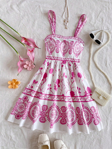 Blue & White Floral Vintage Pattern Romantic Casual Vacation Dress For Women