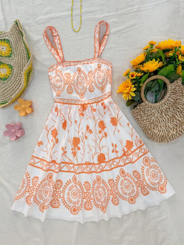 Blue & White Vintage Floral Print Romantic Casual Vacation Dress For Women