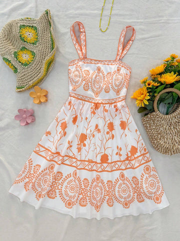 Blue & White Vintage Floral Print Romantic Casual Vacation Dress For Women