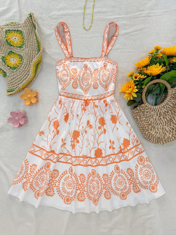 Blue & White Vintage Floral Print Romantic Casual Vacation Dress For Women