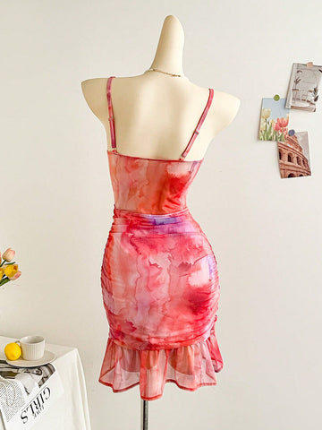 Vintage Mesh Tie Dye Sweater Bodice Pleated Ruched Romantic Bodycon Casual Vacation Day Dress For Women For Valentine's Day