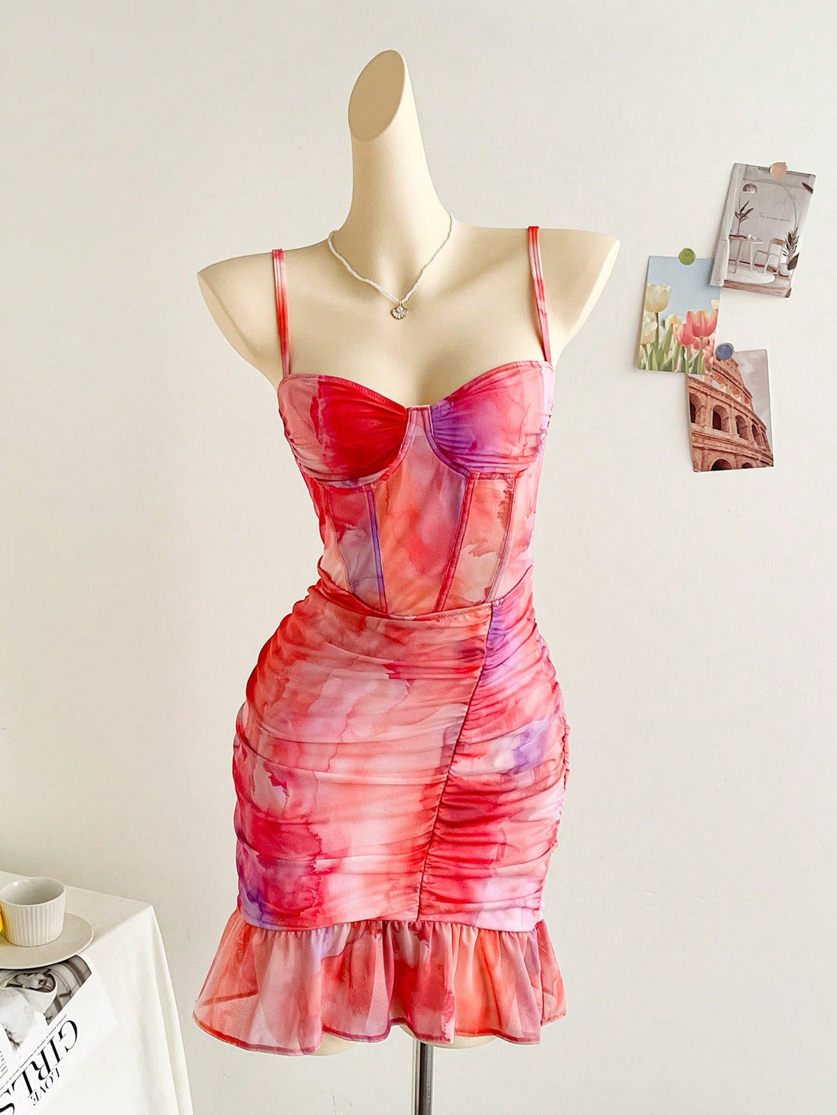 Vintage Mesh Tie Dye Sweater Bodice Pleated Ruched Romantic Bodycon Casual Vacation Day Dress For Women For Valentine's Day