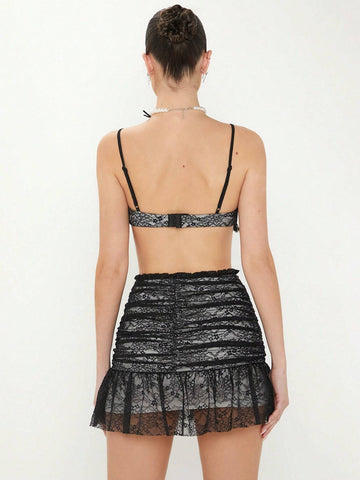 Black Summer Bikini Women's Lace Cropped Cami Top And Skirt Set