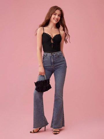 Ladies Elegant Solid Color Lace Trimmed Spaghetti Strap Jumpsuit For Summer